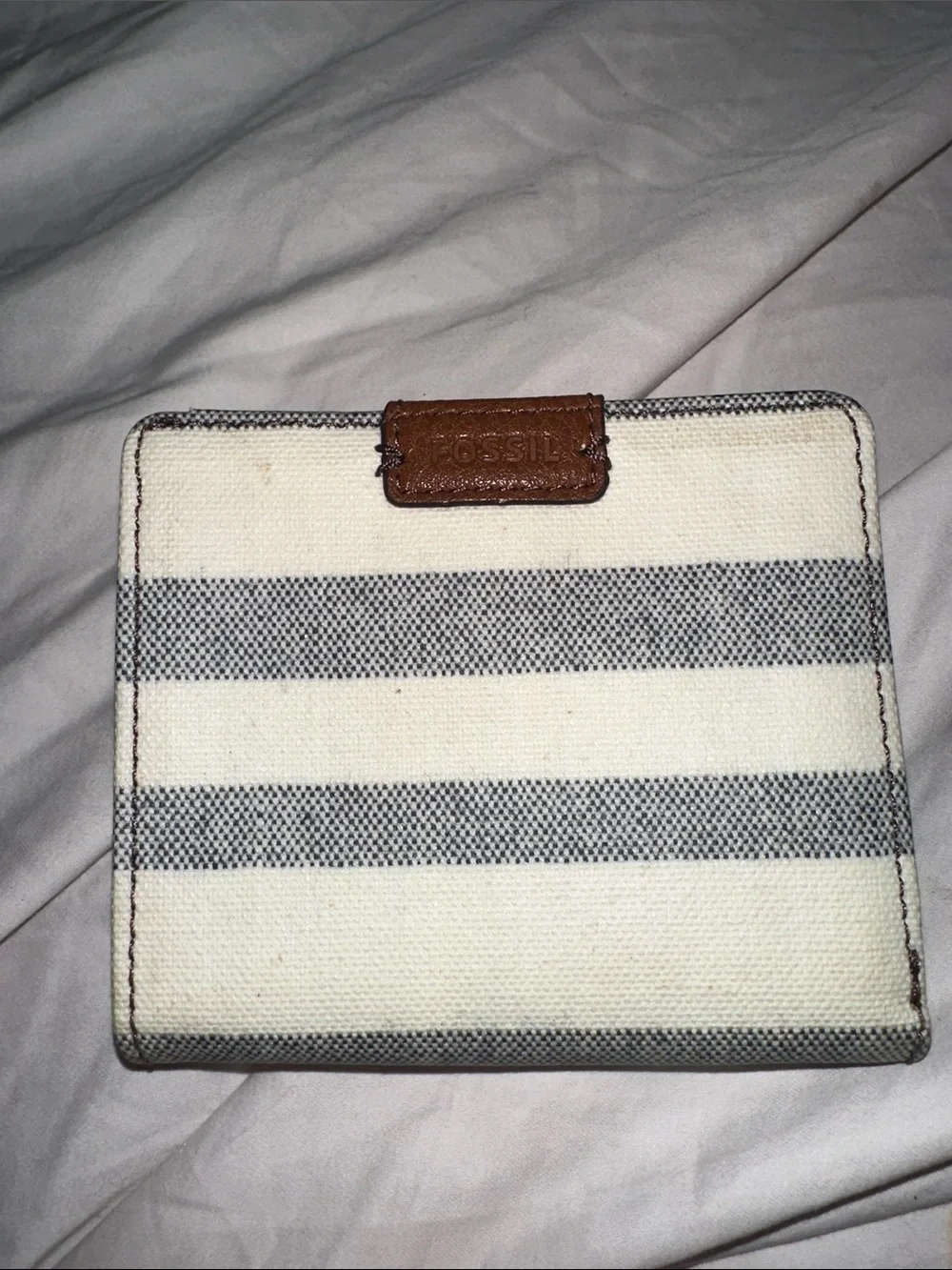 Fossil Cream and Navy Striped Canvas Wallet with Brown Leather Accent like new